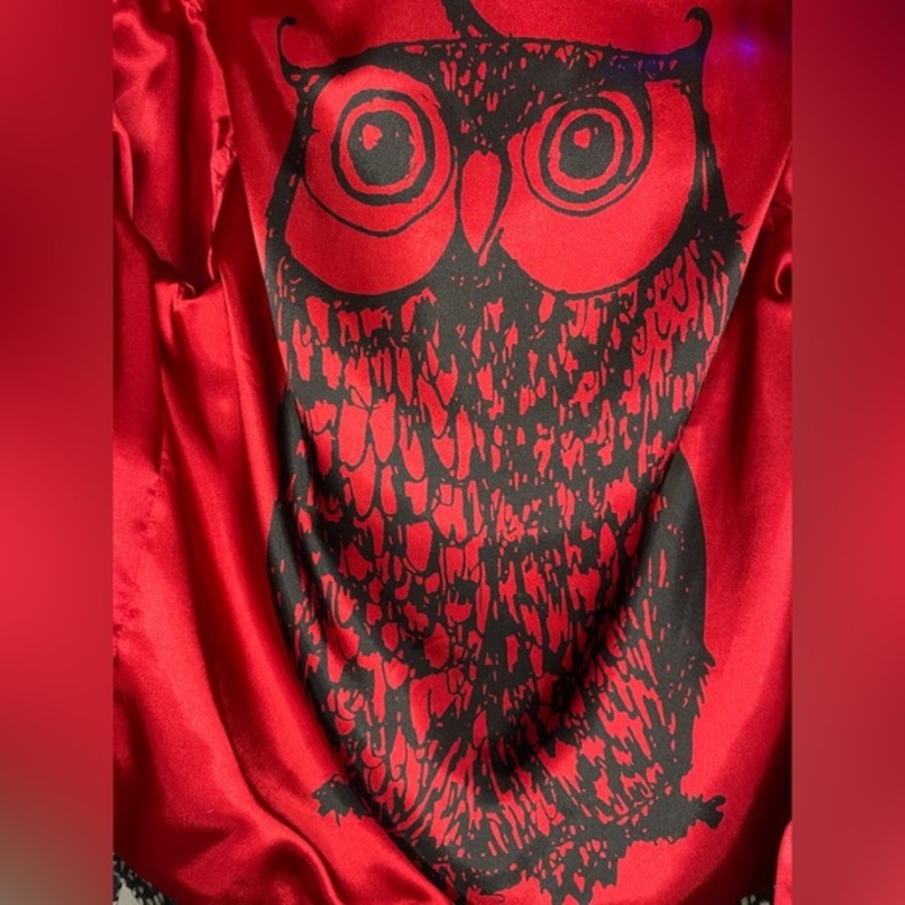 Chico's Animal Print Zip Front Jacket Red Satin Owl Graphic Lining Size 1 Medium - Picture 7 of 8